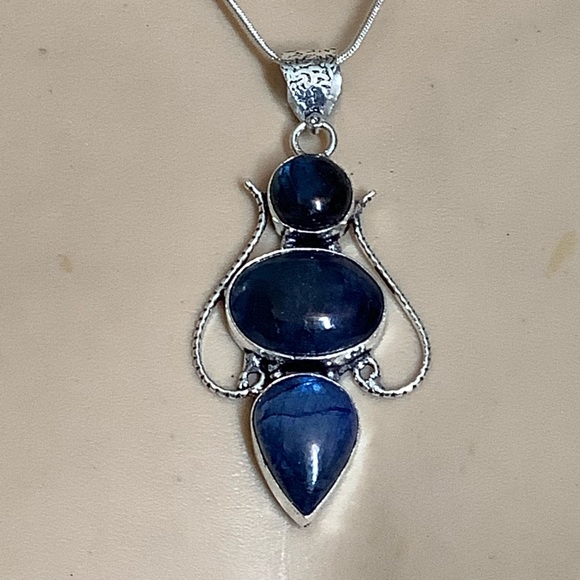 🌺 ROYAL LABRADORITE NECKLACE TRIPLE STONE PENDANT BOHO GYPSY GEMSTONE FESTIVAL - Picture 6 of 9